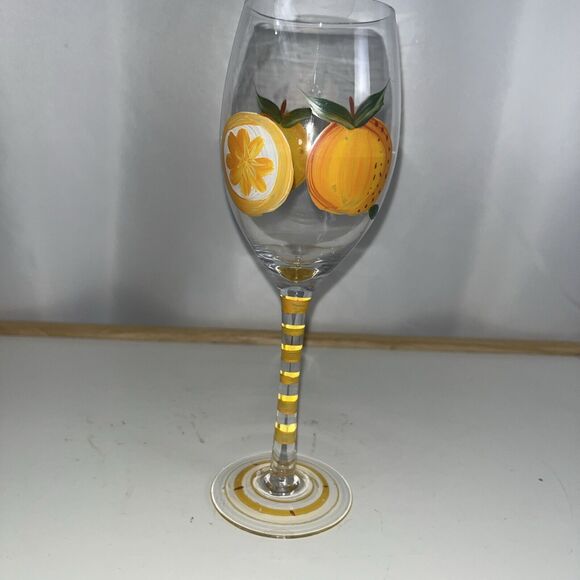 2 Hand Painted Fruit Wine Glasses Strawberry Orange Stripped Pattern Hand-blown - Picture 2 of 7